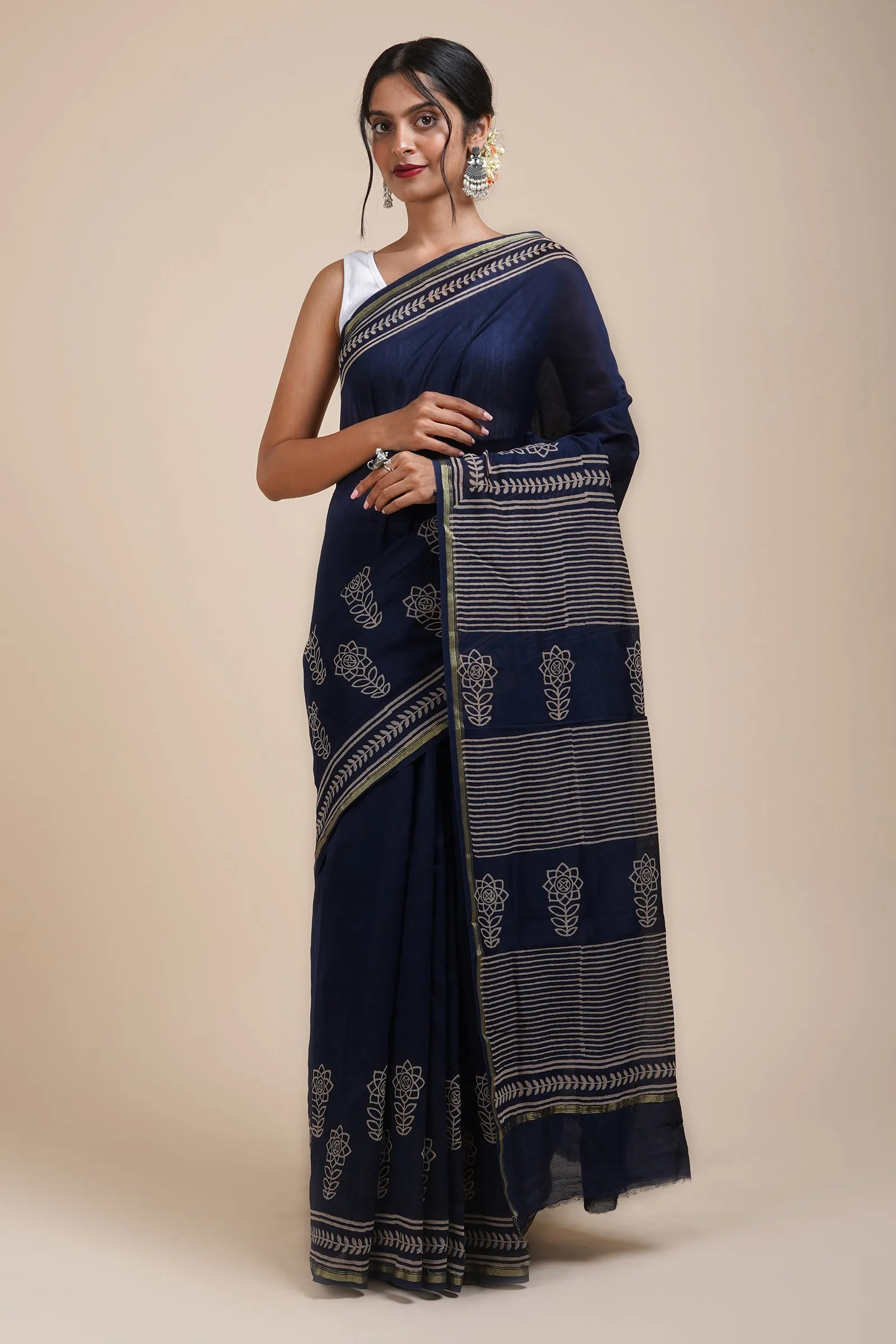 Teejh Dhalti Sham Navy Blue Block Print Chanderi Silk Saree