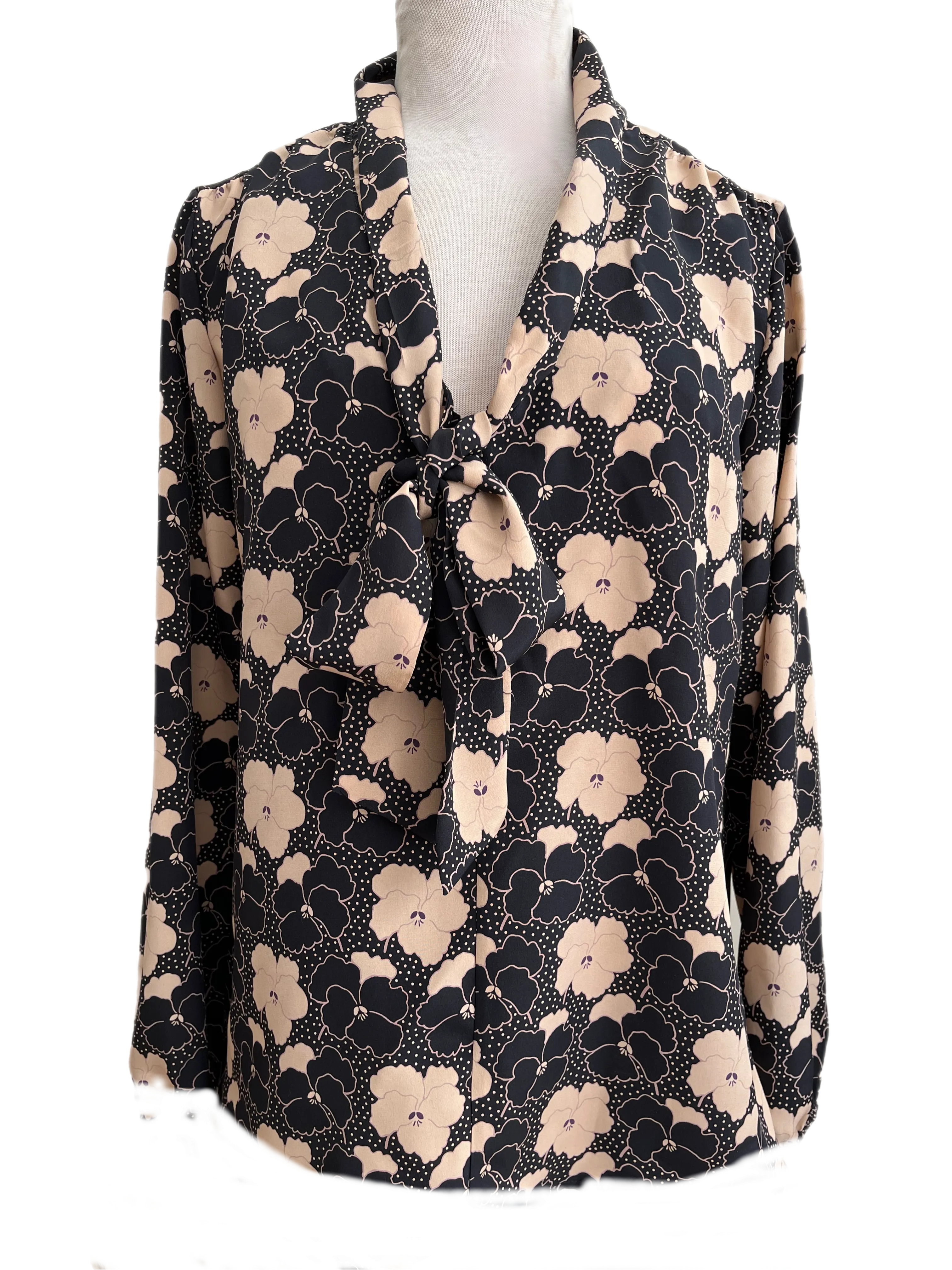 Tie neck pussy cat blouse in black floral silk