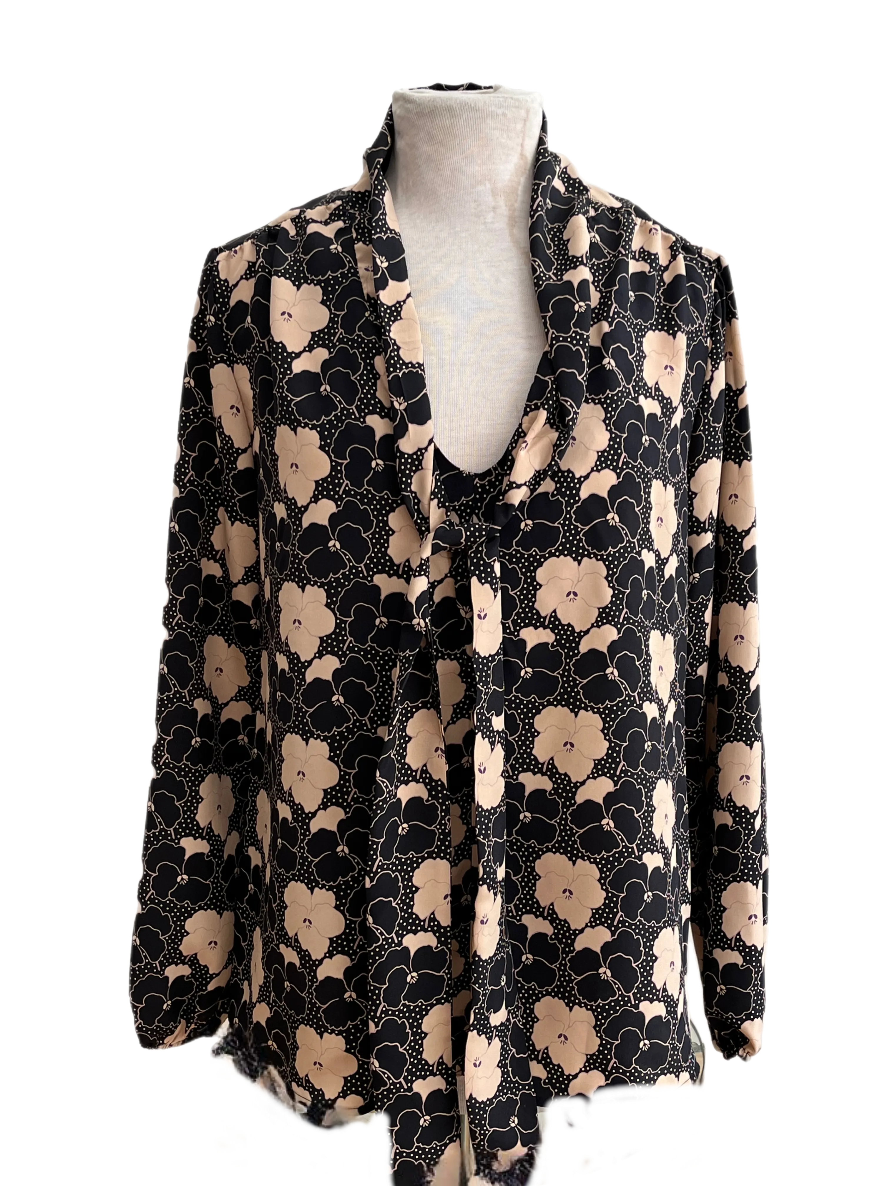 Tie neck pussy cat blouse in black floral silk