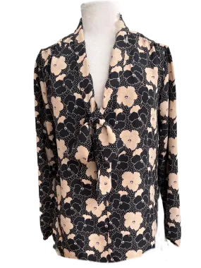 Tie neck pussy cat blouse in black floral silk