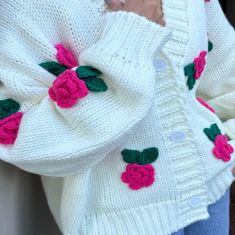 Toleet-Winter outfits Three dimensional rose blossom knitted cardigan top hand crocheted sweater jacket