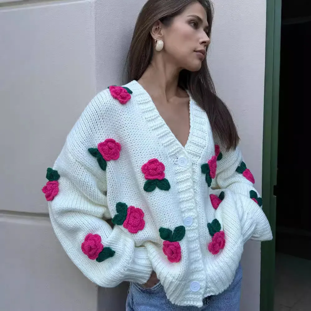 Toleet-Winter outfits Three dimensional rose blossom knitted cardigan top hand crocheted sweater jacket