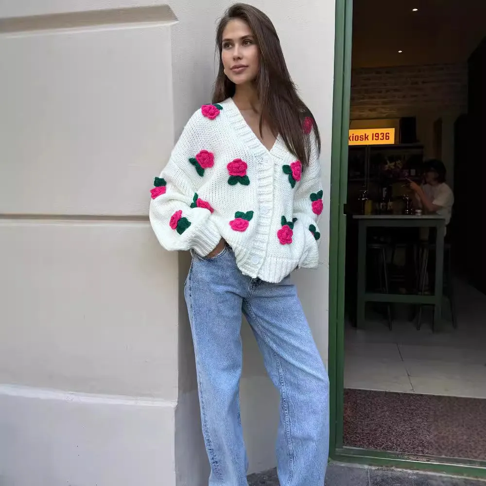 Toleet-Winter outfits Three dimensional rose blossom knitted cardigan top hand crocheted sweater jacket