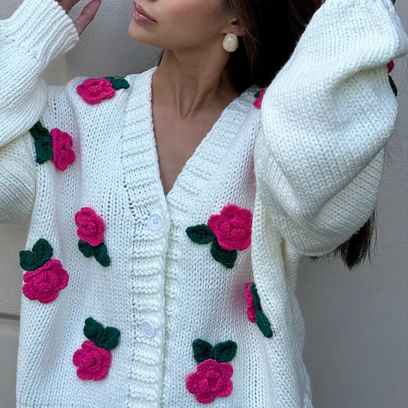 Toleet-Winter outfits Three dimensional rose blossom knitted cardigan top hand crocheted sweater jacket