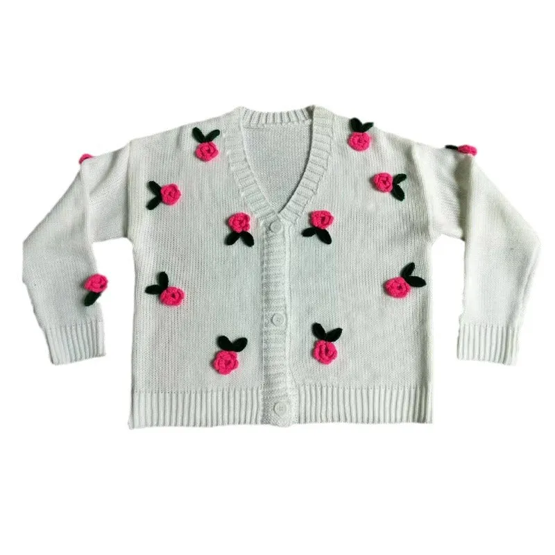 Toleet-Winter outfits Three dimensional rose blossom knitted cardigan top hand crocheted sweater jacket