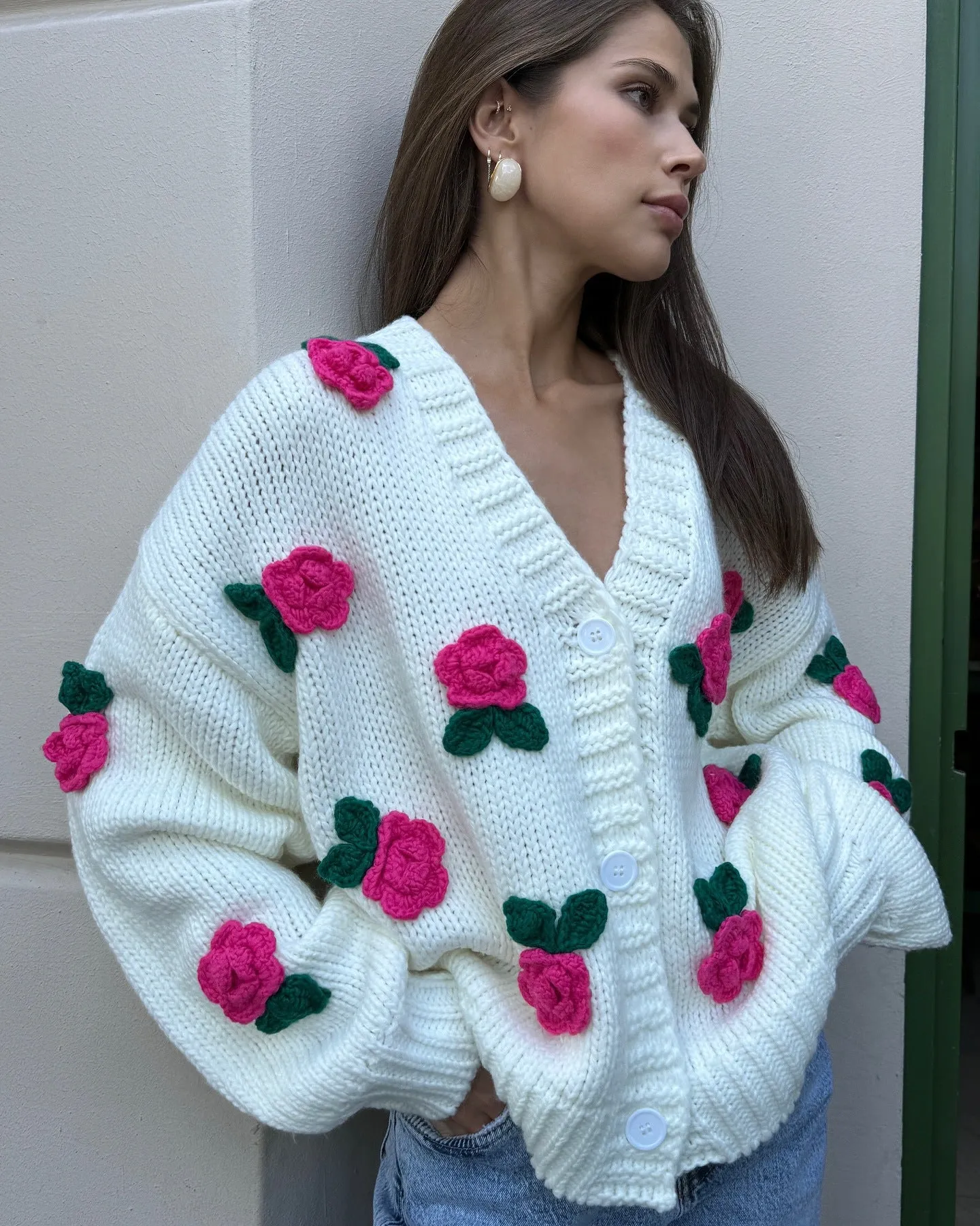 Toleet-Winter outfits Three dimensional rose blossom knitted cardigan top hand crocheted sweater jacket