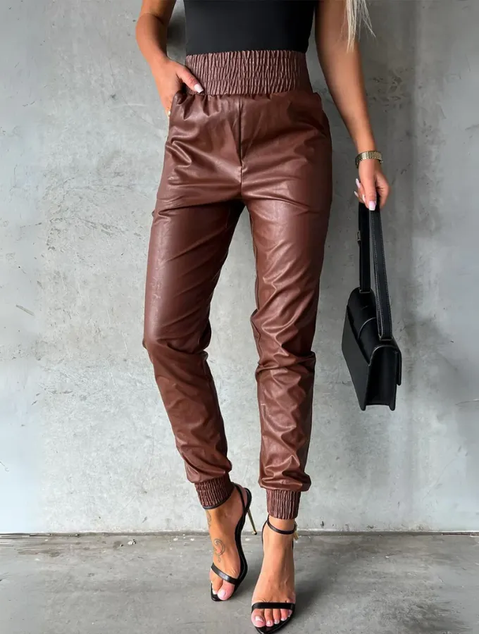 VEGAN LEATHER JOGGERS - COFFEE