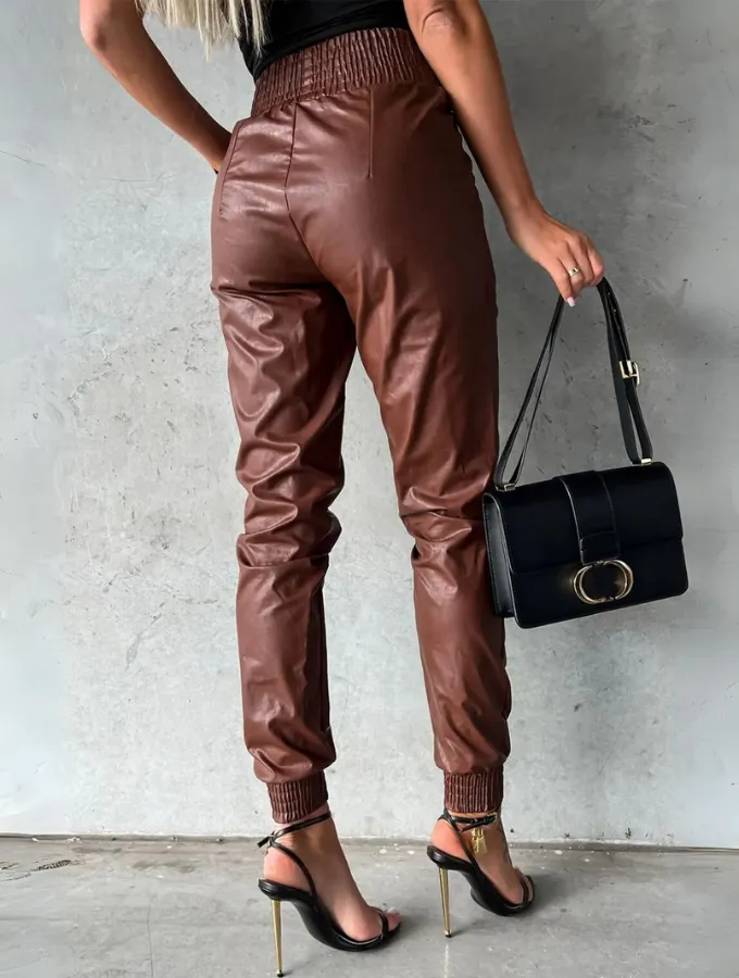 VEGAN LEATHER JOGGERS - COFFEE