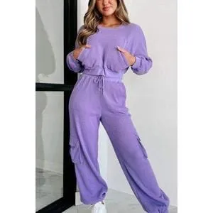 Waffle-knit Top and Drawstring Joggers Set Spandex Womenswear Adjustable Bottom