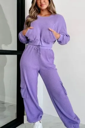 Waffle-knit Top and Drawstring Joggers Set Spandex Womenswear Adjustable Bottom