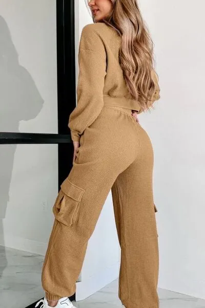 Waffle-knit Top and Drawstring Joggers Set Spandex Womenswear Adjustable Bottom