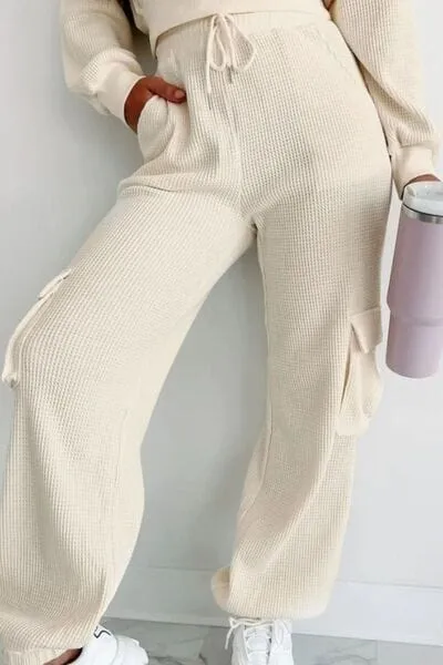 Waffle-knit Top and Drawstring Joggers Set Spandex Womenswear Adjustable Bottom