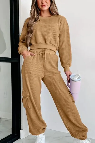 Waffle-knit Top and Drawstring Joggers Set Spandex Womenswear Adjustable Bottom