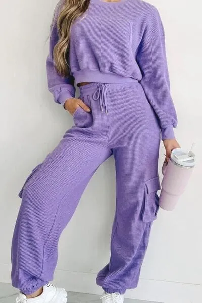 Waffle-knit Top and Drawstring Joggers Set Spandex Womenswear Adjustable Bottom