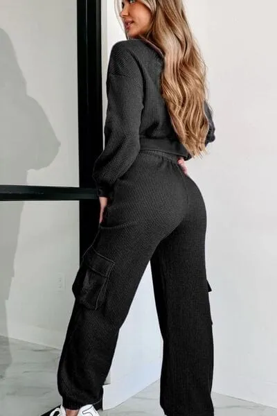 Waffle-knit Top and Drawstring Joggers Set Spandex Womenswear Adjustable Bottom