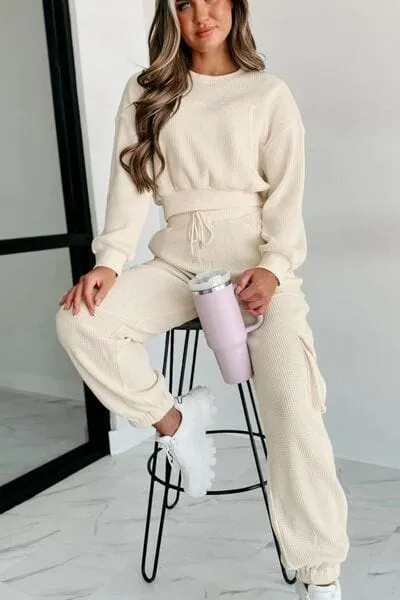 Waffle-knit Top and Drawstring Joggers Set Spandex Womenswear Adjustable Bottom