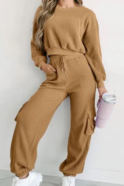 Waffle-knit Top and Drawstring Joggers Set Spandex Womenswear Adjustable Bottom