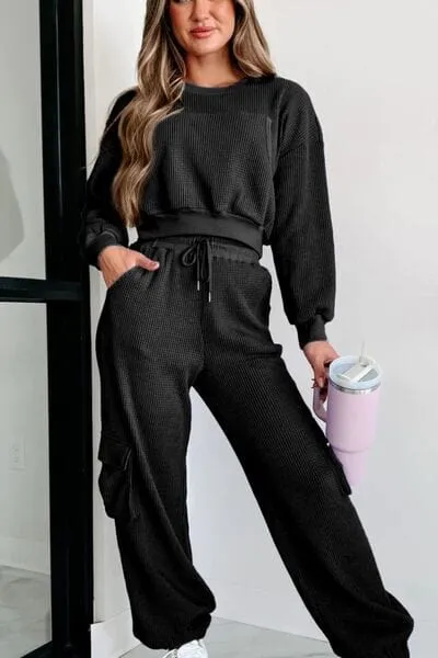 Waffle-knit Top and Drawstring Joggers Set Spandex Womenswear Adjustable Bottom