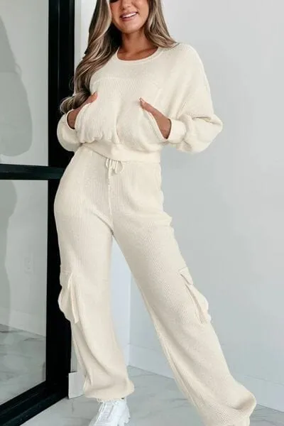 Waffle-knit Top and Drawstring Joggers Set Spandex Womenswear Adjustable Bottom