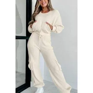 Waffle-knit Top and Drawstring Joggers Set Spandex Womenswear Adjustable Bottom
