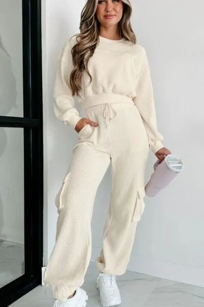 Waffle-knit Top and Drawstring Joggers Set Spandex Womenswear Adjustable Bottom