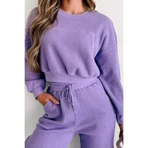 Waffle-knit Top and Drawstring Joggers Set Spandex Womenswear Adjustable Bottom