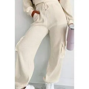 Waffle-knit Top and Drawstring Joggers Set Spandex Womenswear Adjustable Bottom