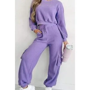 Waffle-knit Top and Drawstring Joggers Set Spandex Womenswear Adjustable Bottom