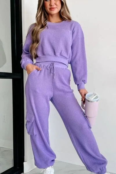 Waffle-knit Top and Drawstring Joggers Set Spandex Womenswear Adjustable Bottom