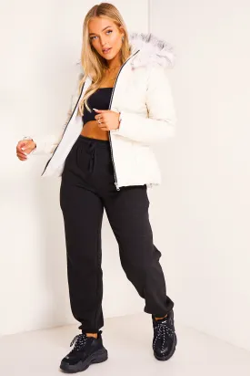 White Wet Look Faux Fur Puffer Coat